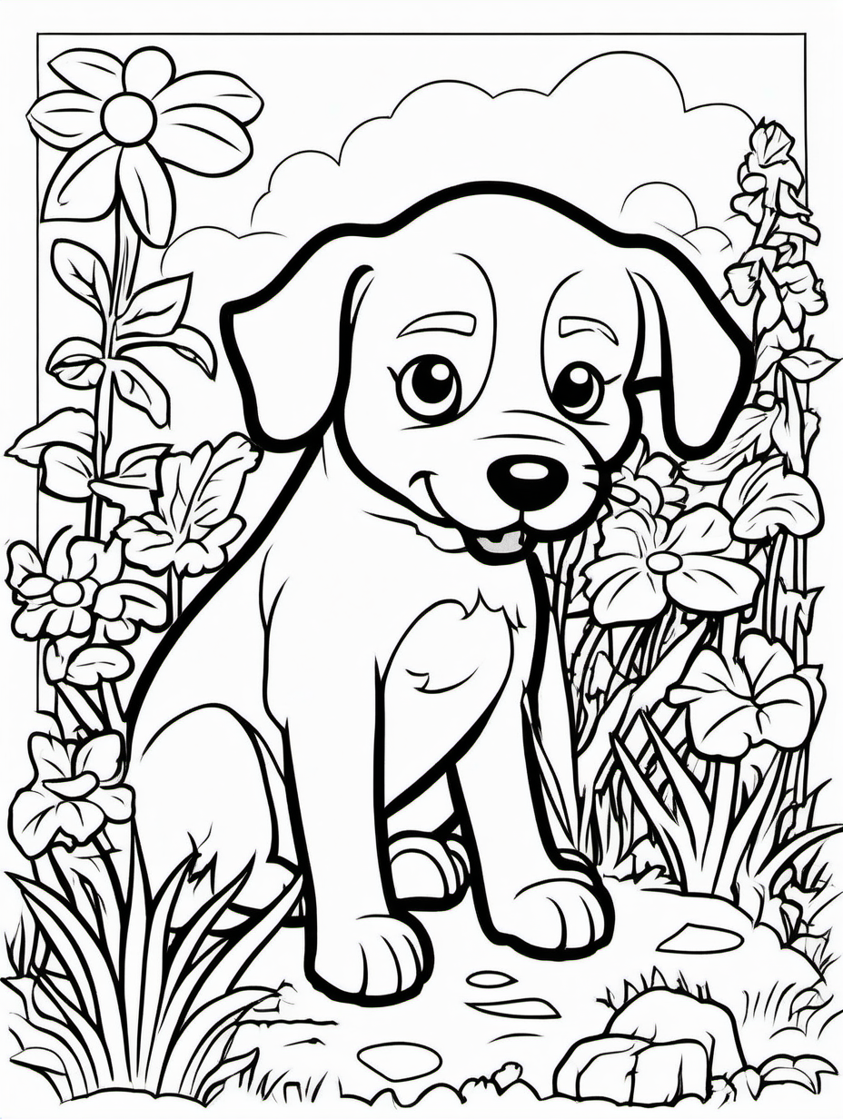 Puppy Digging a Hole in the Garden Fun Coloring Sheet2