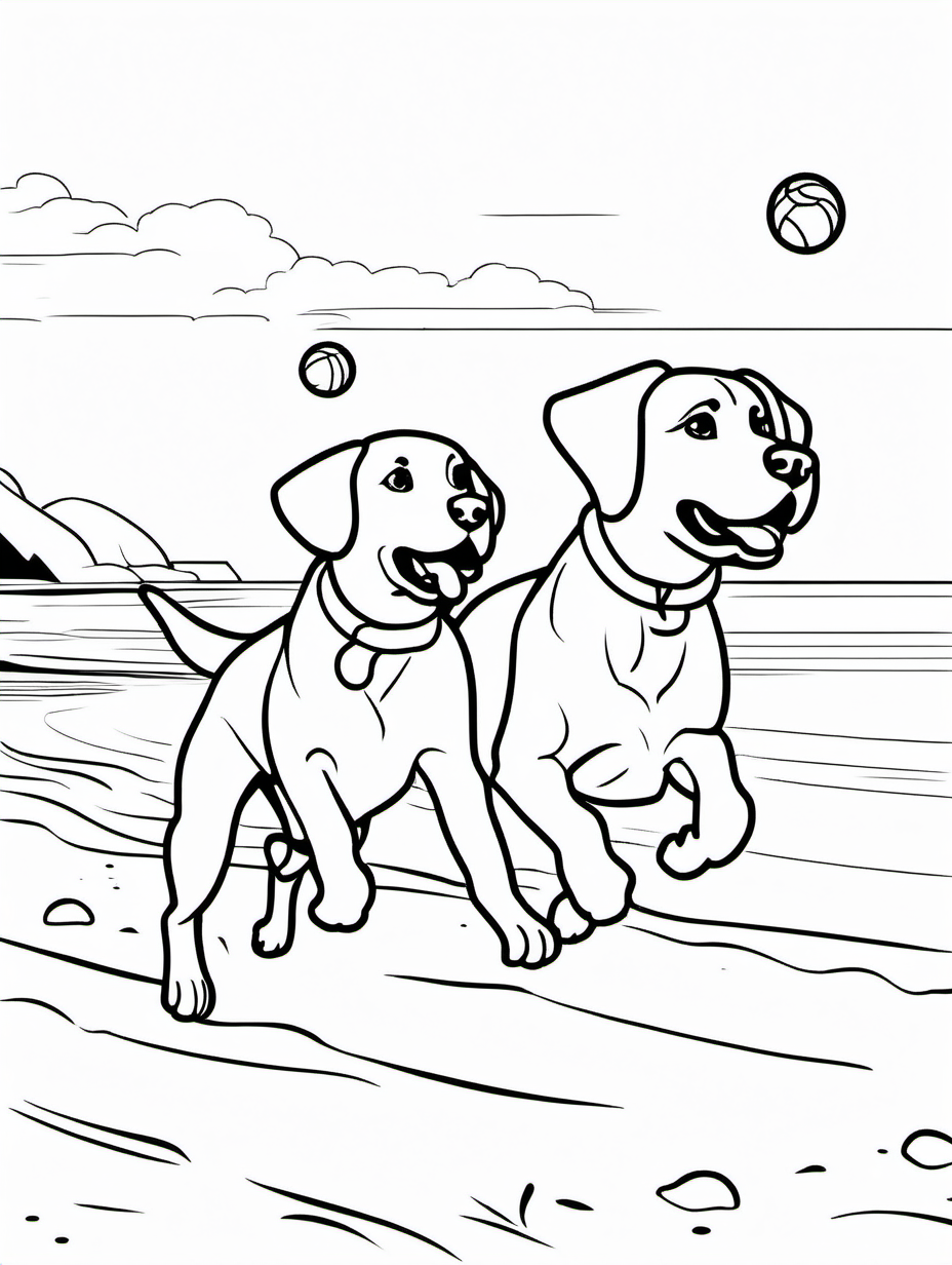 Two Labrador Retrievers Chasing a Ball on the Beach Scene to Color1