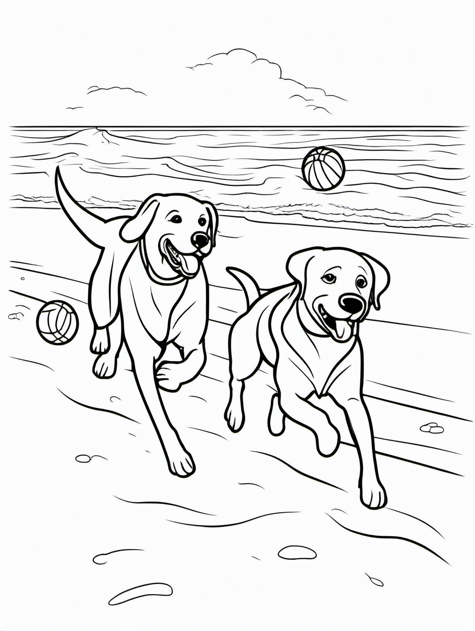 Two Labrador Retrievers Chasing a Ball on the Beach Scene to Color2